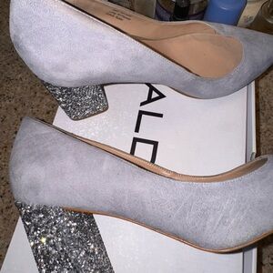 Aldo Light Blue Suede Pumps with Silver Glitter Block Heel